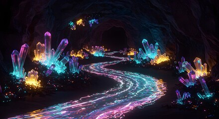 Stunning 3D Render of a Glowing Crystal Cave with a Flowing River of Light, Digital Art of an Illuminated Grotto, Abstract Fantasy Scene, Vibrant Color Palette