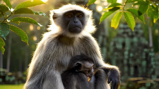 Hanuman Langur Monkey Holding Baby in Ancient Ruins, India