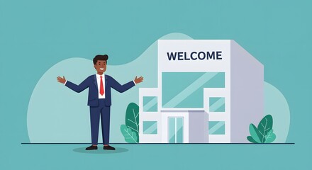 Smiling businessman with outstretched arms welcomes you in front of a building with the word "WELCOME" on it, representing hospitality, business, and invitation.