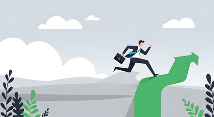 Businessman running towards success on a green arrow, business growth concept, achievement, ambition, career advancement, leadership, reaching a goal, abstract illustration.