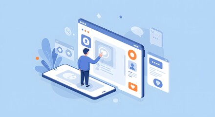 Illustration of a man interacting with a social media interface on a smartphone, touching a like button, representing online engagement, digital marketing, and user experience.