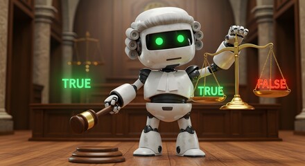 AI Judge Robot in Court Weighing True and False with Scales of Justice, Artificial Intelligence Law Concept, Legal System, Decision-Making, Technology, 3D Illustration