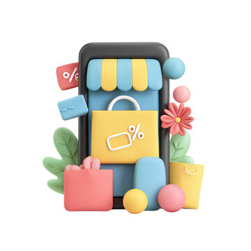 Online Shop 3D with mobile shopping, and digital.
