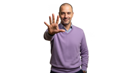 Man holding up hand in stop gesture confident expression purple sweater
