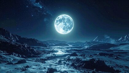Luminous Full Moon Over Pixelated Terrain Under Starry Sky in Deep Blue Hues with Distinct Digital Rendering Style and Subtle Light Reflections