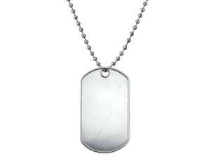 Fototapeta premium A metallic military-style identification tag on a beaded chain against a black backdrop