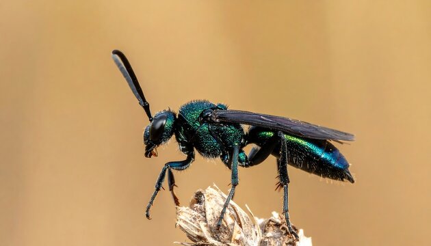 Metallic wasp on branch - Powered by Adobe