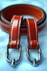 Rolled leather belt, bright chrome buckle on textured fabric