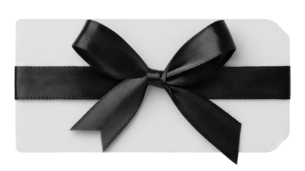 White gift tag with black ribbon bow isolated on white high resolution transparent background PNG cutout label for holiday gifts ecommerce product mockups packaging design and greeting cards
