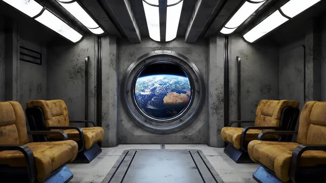 Interior of Spaceship Module with Yellow Seating View of Earth through Window Futuristic Sci Fi Transportation Concept Clean Lines and Metal Framework