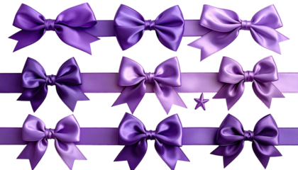 Purple satin bows on ribbons, various styles