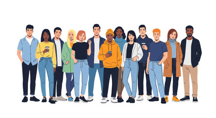 Obraz premium A diverse group of young adults standing together, holding phones, and looking forward with various expressions.
