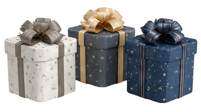Three tall hexagonal gift boxes with satin ribbons isolated on white high resolution transparent background clean png cutout ideal for holiday presents ecommerce packaging mockups and festive design
