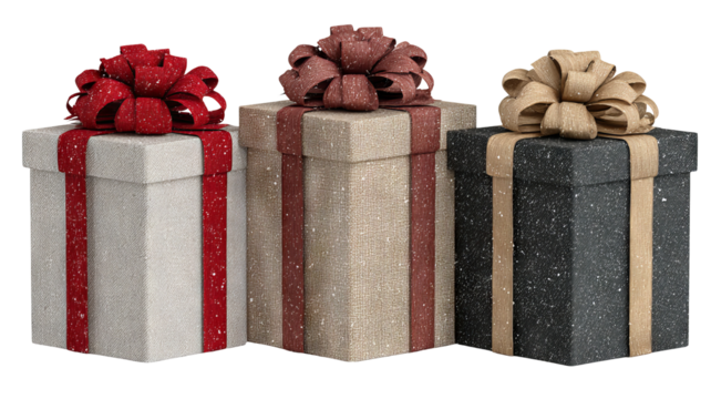 Three tall hexagonal gift boxes with satin ribbons isolated on white high resolution transparent background clean png cutout ideal for holiday presents ecommerce packaging mockups and festive design
