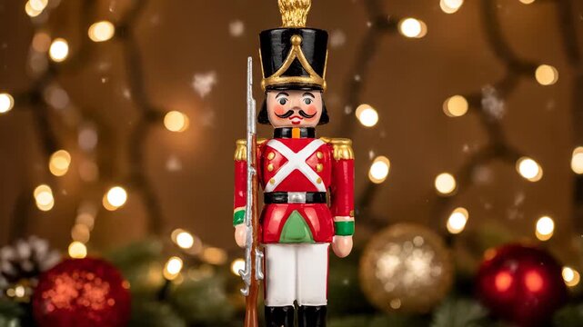 Colorful Nutcracker Toy with Christmas Lights and Decorations