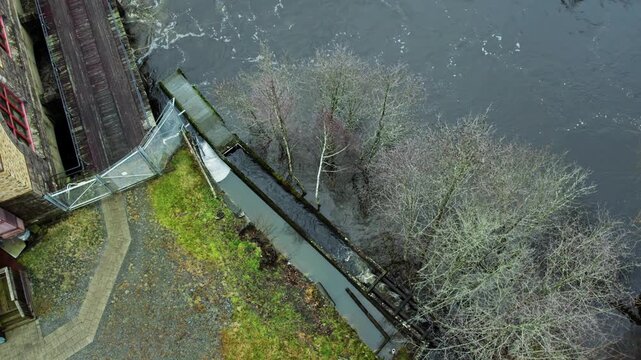 Fish ladder near an abandoned fish farm. Aerial view