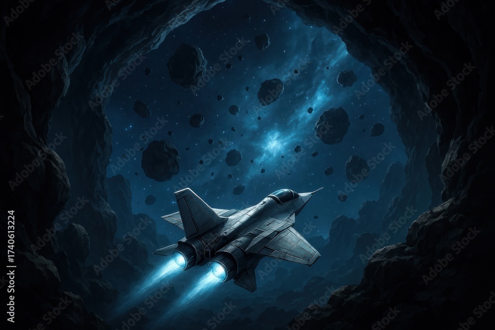 Wall mural spaceship navigating asteroid field.