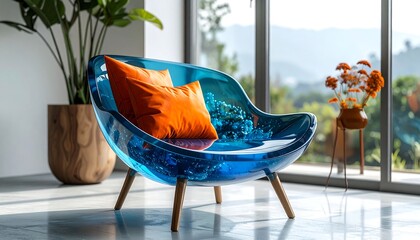 Modern blue acrylic chair with an orange cushion
