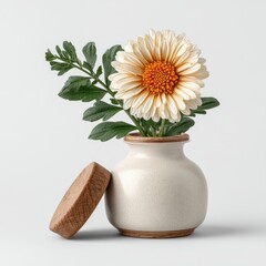 Obraz premium Cream Flower in Speckled Ceramic Vase on White Background