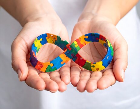 Autism Awareness - Hands Holding Infinity Symbol Made of Puzzle Pieces.