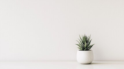 A white potted plant with a green succulent on a white table against a white wall.