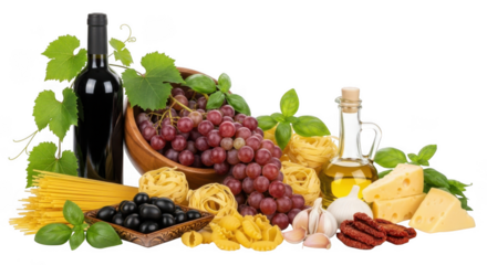 Gourmet italian feast featuring pasta wine cheese grapes and olive oil fresh ingredients