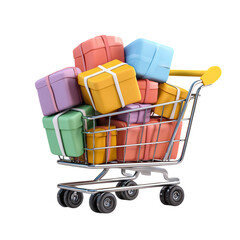 Shopping cart full of gifts on black.