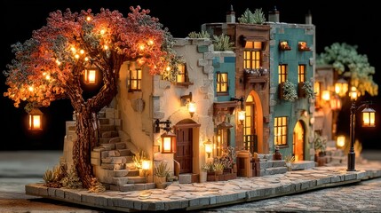 Miniature Village with Illuminated Tree, Houses, and Street Lamps at Night, Detailed Model