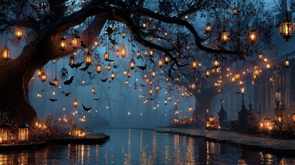 Enchanting nighttime scene with glowing lanterns hanging from trees and a reflecting lake