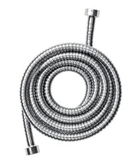 A coiled shower hose, metallic gray, with connected ends