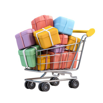 Shopping cart full of gifts on black.