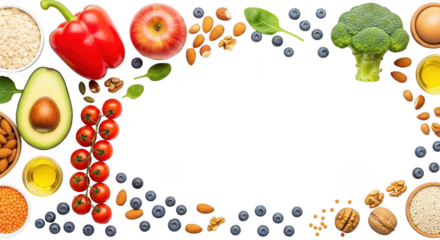 Vibrant fresh healthy foods arranged artfully around a black space for copywriting