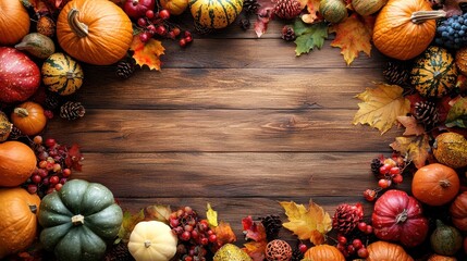 A wooden table with a colorful autumnal arrangement of pumpkins, gourds, and berries on a rustic wooden table.
