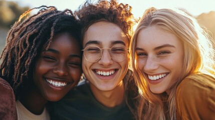 Three young women smiling outdoors, with one wearing glasses.