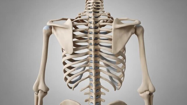 Detailed view of human back skeleton, including spine, ribs, and scapula.