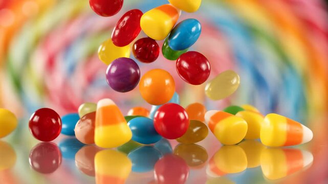 Colorful Candies Falling Against a Swirl Background, Slow Motion