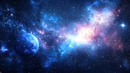 A vibrant, starry space scene with a blue planet and a nebula in the background.