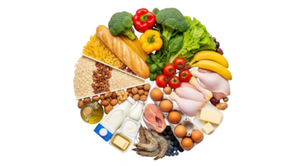 Abundant colorful assortment of fresh food items arranged in a circular pattern overhead view