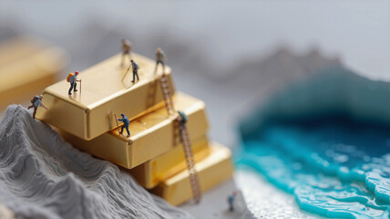 Miniature People Scaling a Mountain-Like Stack of Gold Ingots, Symbolizing the Challenging Pursuit of Wealth and Financial Ambition