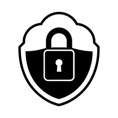 A black and white drawing of a padlock inside of a shield and a cloud shape