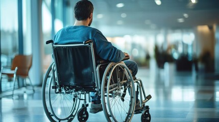 A man in a wheelchair in a hospital hallway.