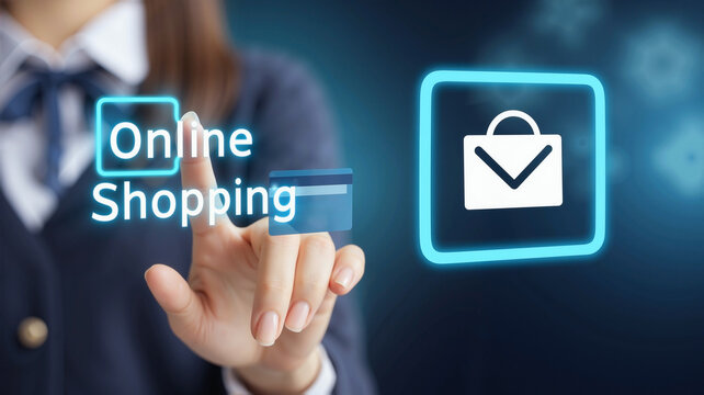Japanese School-Uniform Girl's Hand Touching Virtual "Online Shopping" Screen Button ,Photography for Web and E-commerce Concept - Powered by Adobe