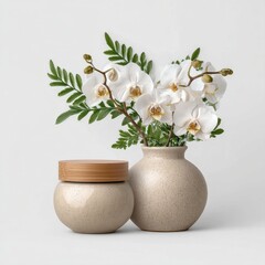 White Orchids in Speckled Beige Vase with Wooden Lid on White Background