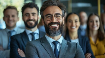 A smiling man in a suit standing in front of a group of business professionals.