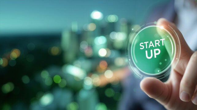 Businessman Touching Virtual Circular "START UP" Button with Correct Icon, Green Background,for Web Design and New Online Business Concept

