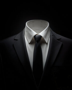 Symmetrical Composition of a Black Suit and White Shirt Collar with Black Tie, Headless Torso Against a Simple Background, 