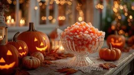 A festive Halloween image with glowing jack-o'-lanterns and seasonal treats indoors