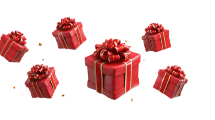 Red gift boxes with ribbon bows floating in mid air isolated on white high resolution transparent background clean png cutout ideal for holiday presents ecommerce packaging mockups and festive design
