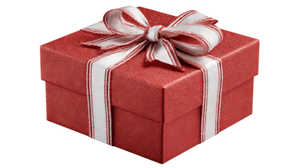 Red gift box with satin ribbon and bow isolated on white high resolution transparent background png cutout festive present packaging mockup for holiday cards ecommerce web banners and product design

