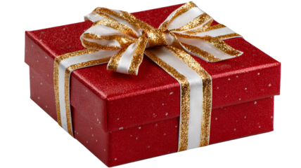 Red gift box with satin ribbon and bow isolated on white high resolution transparent background png cutout festive present packaging mockup for holiday cards ecommerce web banners and product design
